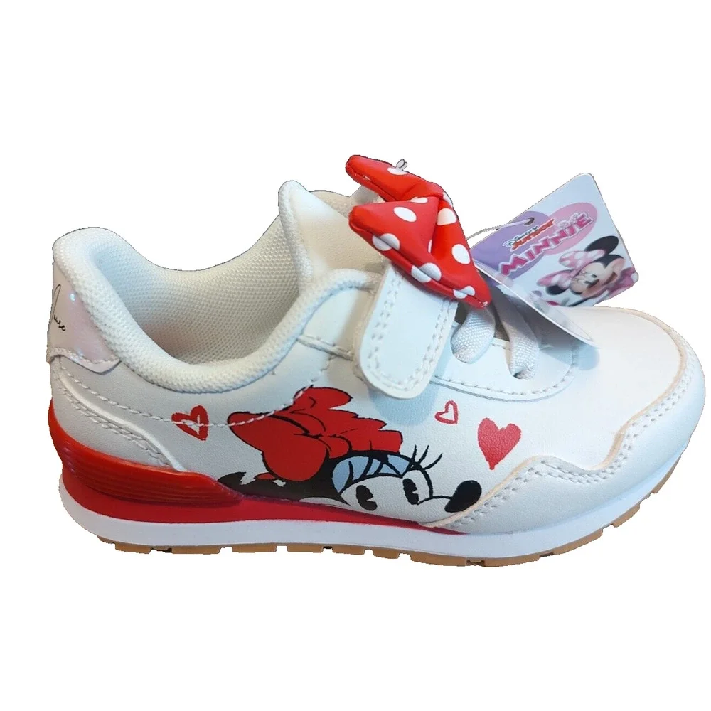 DISNEY JUNIOR Minnie Mouse White Sneakers Size 10 Red Bow‎ NWOB